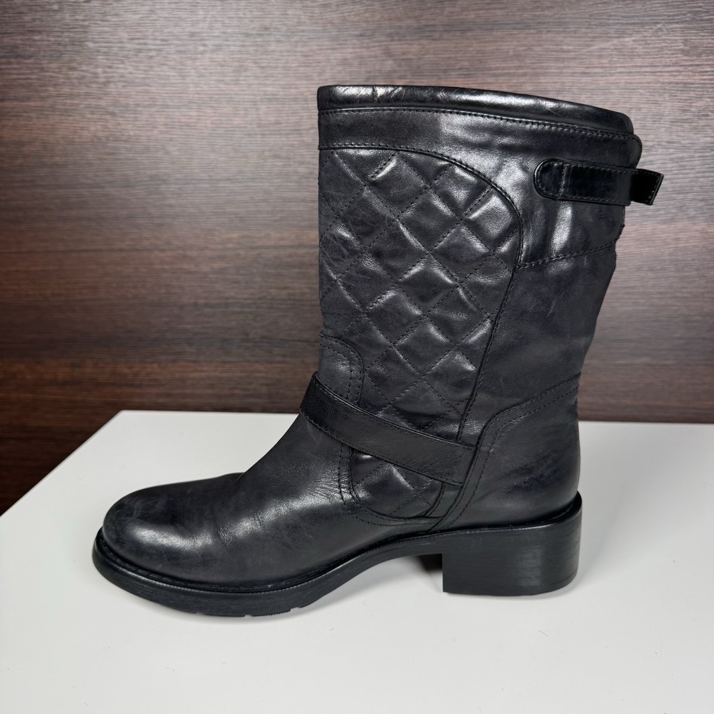 Aquatalia Boots Womens Size 7 Black Leather Quilted Biker Mid Calf Buckle -Italy - Picture 6 of 11